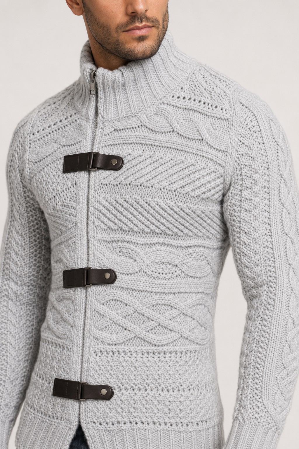 Slim Fit High Collar Men's Cardigan Light Gray