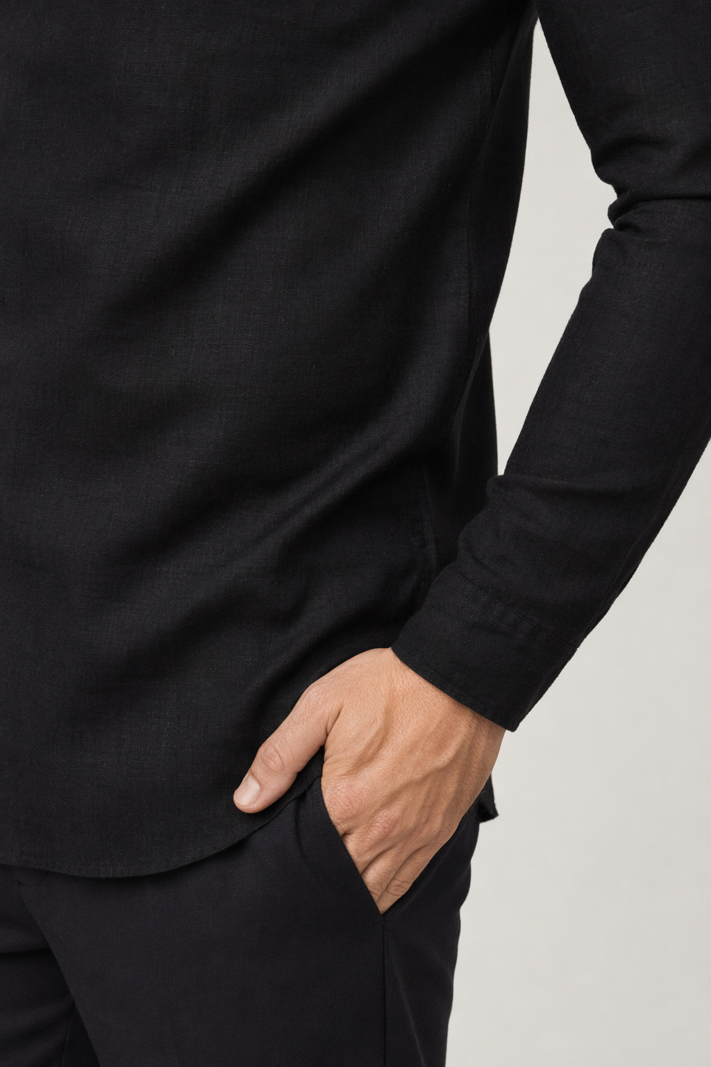 Linen Half-Button Round Neck Men's Shirt Black