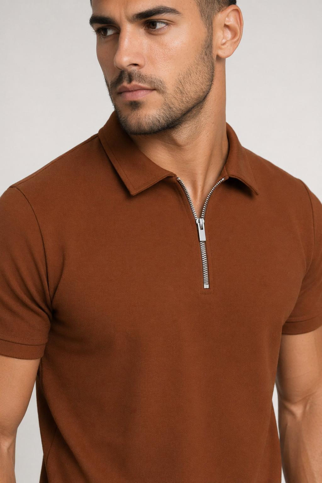 Zipper Polo Shirt for Men with Short Sleeves Brown