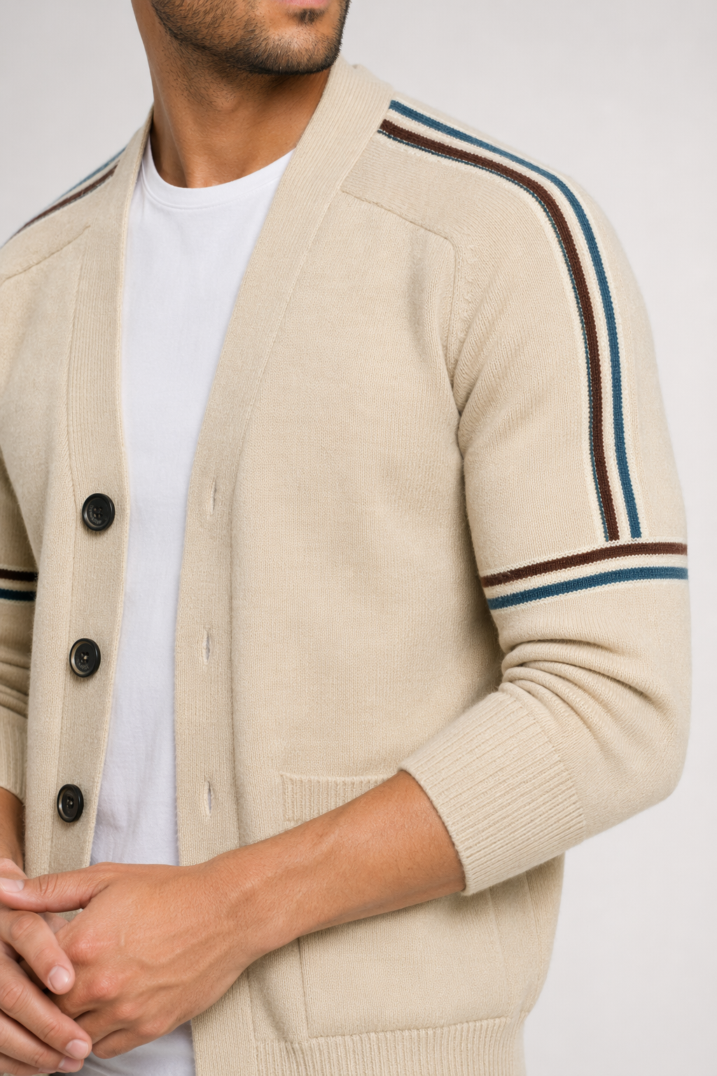 Colorful Striped Men's Cardigan Beige