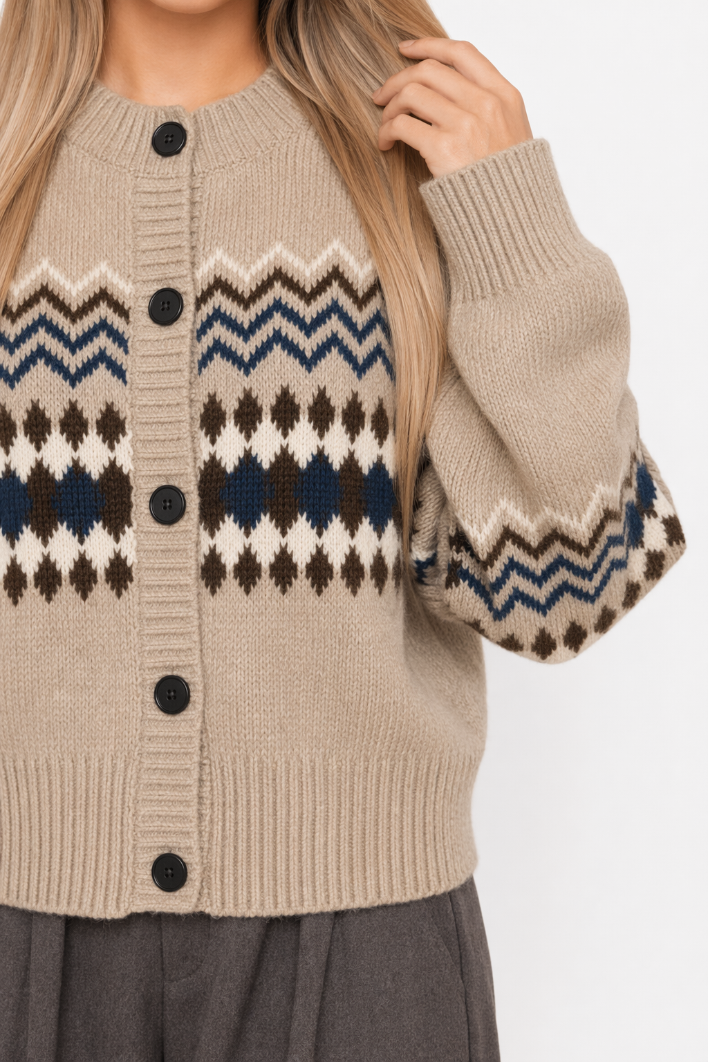 Horizontal Patterned Button-Front Women's Cardigan Beige