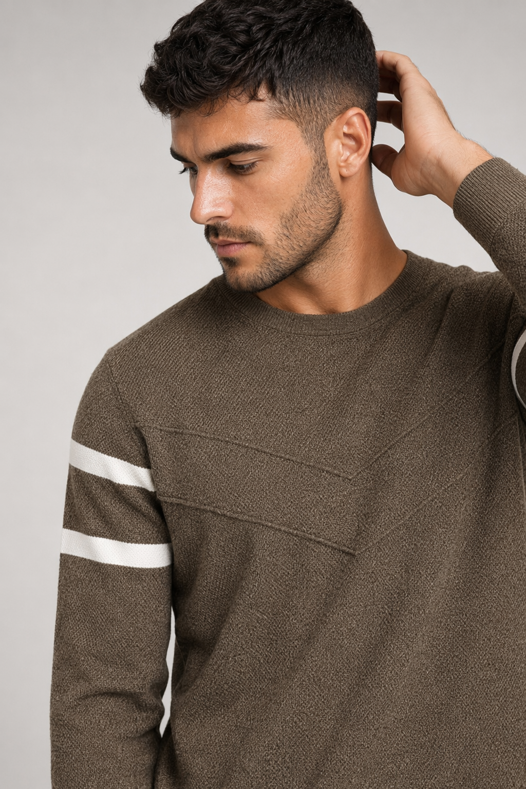 Slim Fit Men's Round Neck Pullover Sweater Khaki