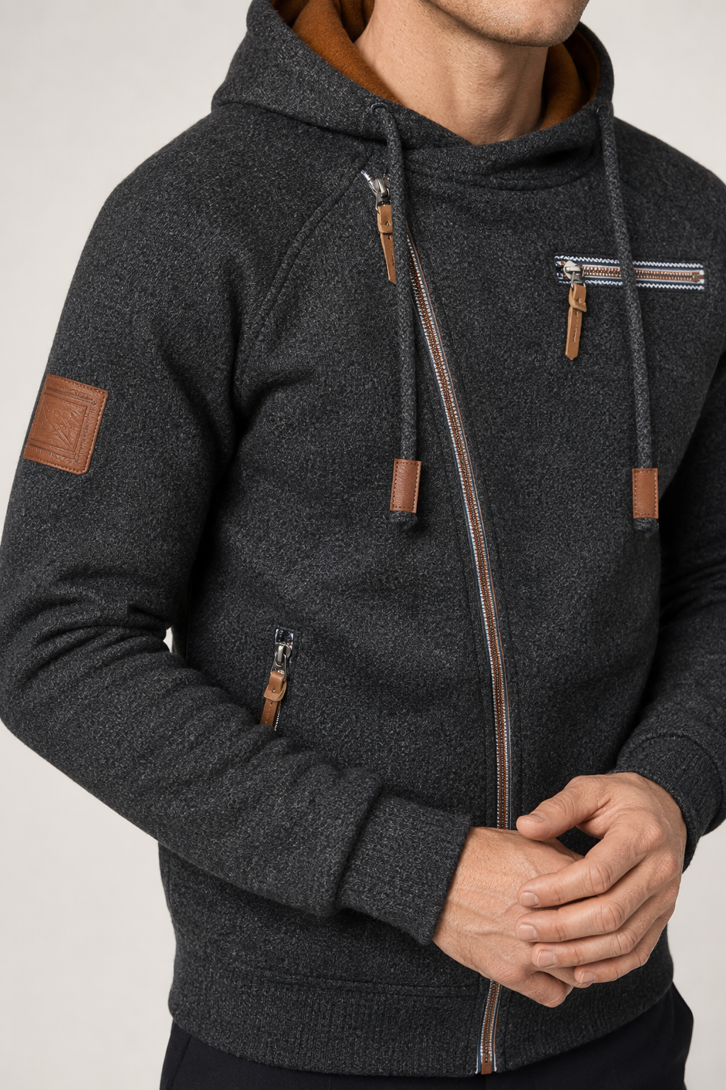 Faux Leather Detailed Zip-Up Men's Hoodie Black
