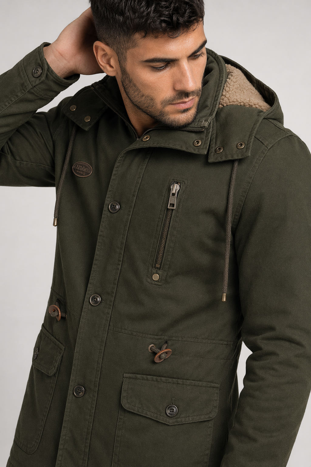 Hooded Trench Coat with Military Style for Men Army Green