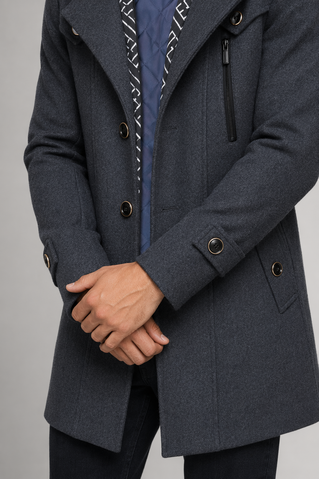 Layered Collar Mid Length Button Front Coat for Men Gray