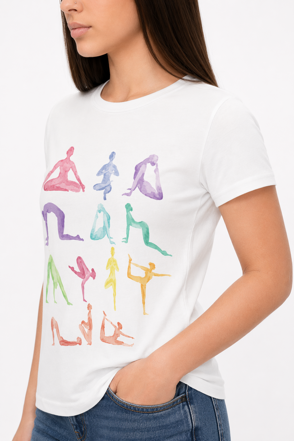 Short Sleeve Tee Featuring Yoga Postures Print White