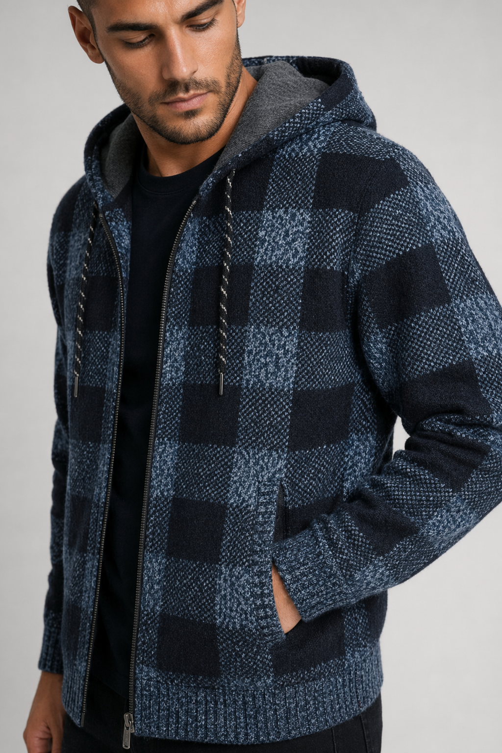 Plaid Zip-Up Jacket for Men with a Hood Blue