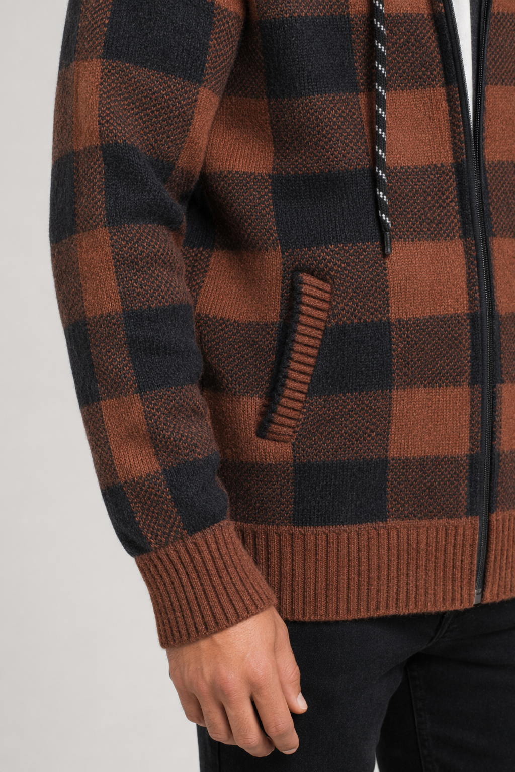 Plaid Zip-Up Jacket for Men with a Hood Brown