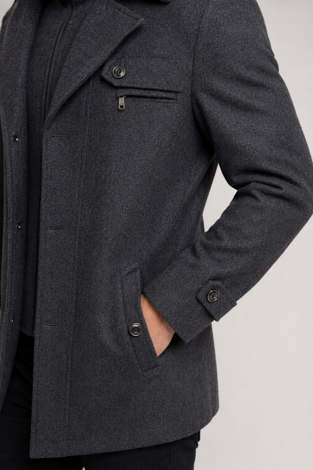 Military Style Men's Coat with Layered Collar and Button Front Gray