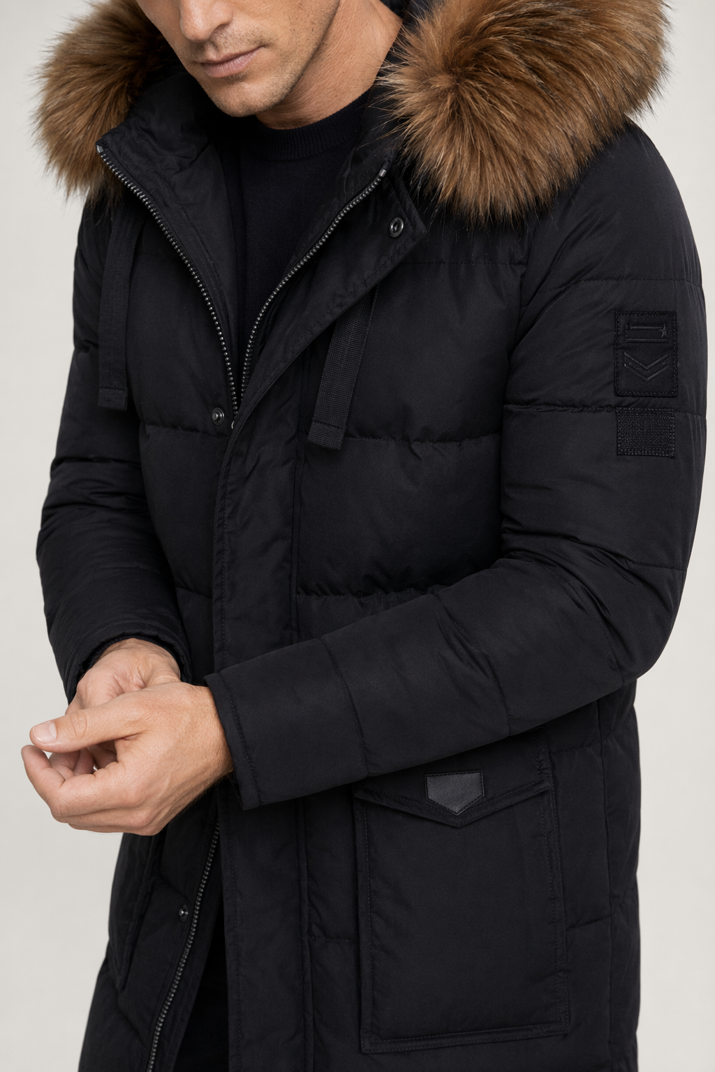 Classic Black Winter Coat with Faux Fur Hood, Inspired by Military Style Default
