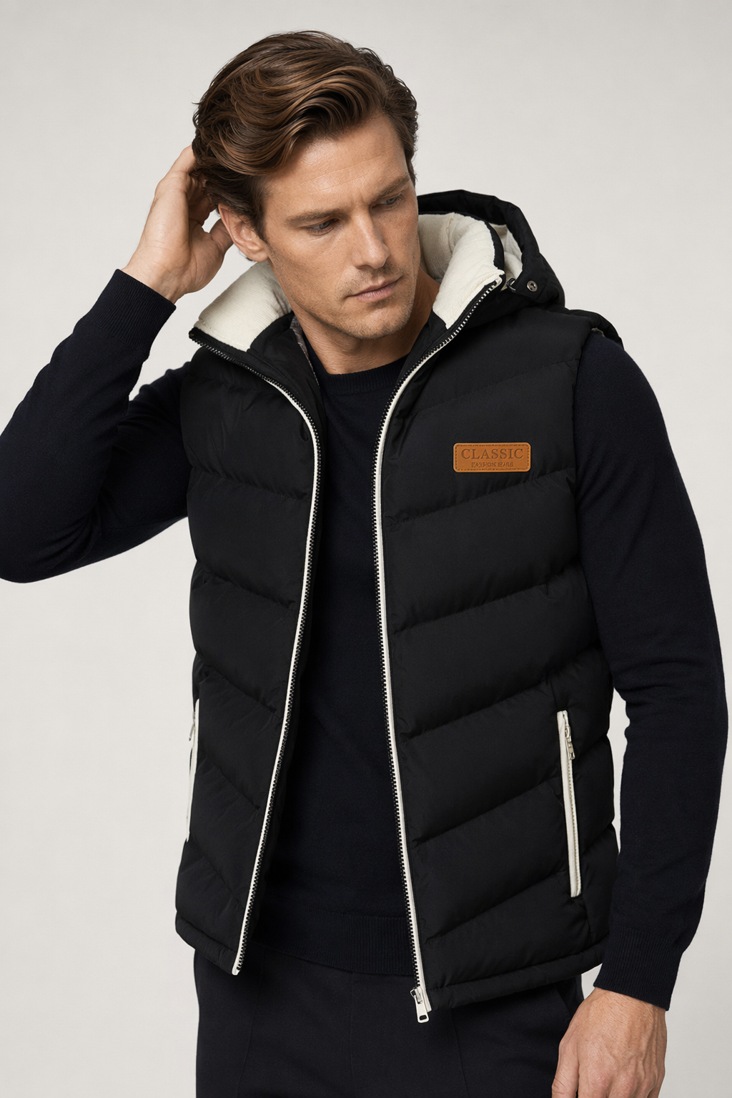 Classic Black Men's Hooded Winter Puffy Vest - Extra Cozy and Warm Default