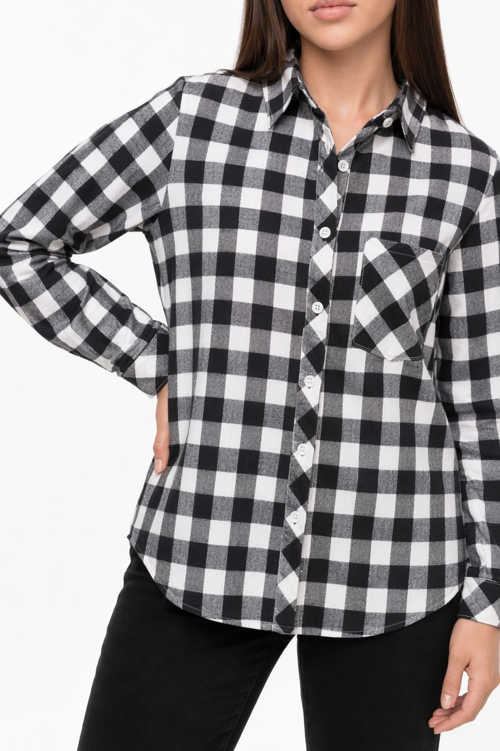 Casual Plaid Long Sleeve Shirt for Women Black