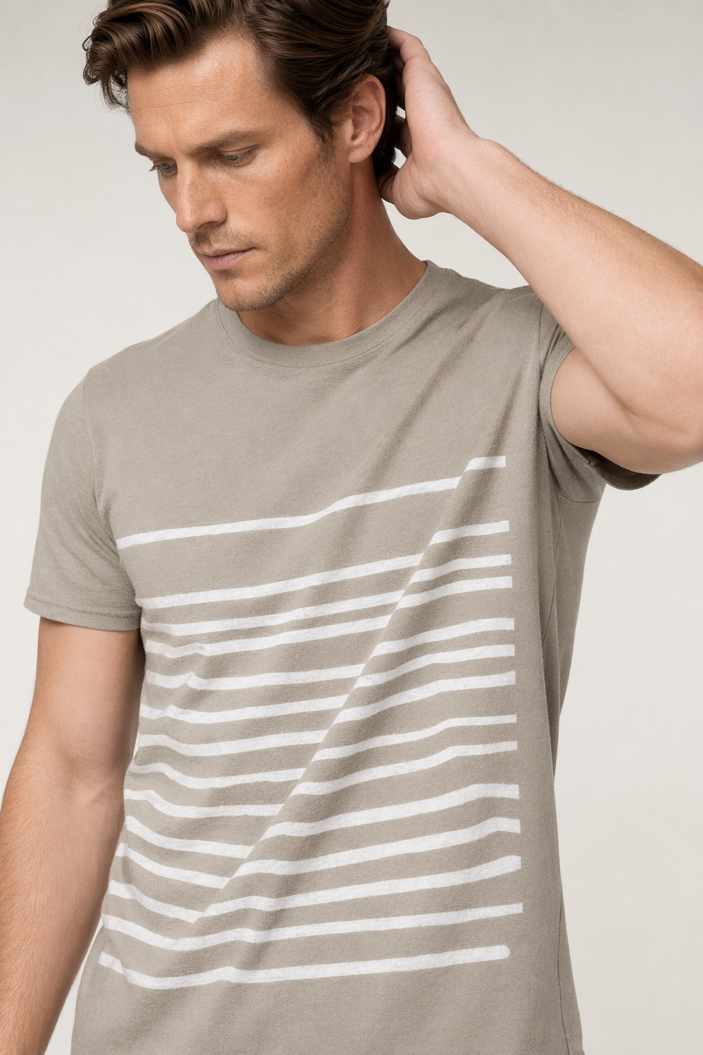 Sand-Colored Men's T-Shirt with Horizontal Stripes Default