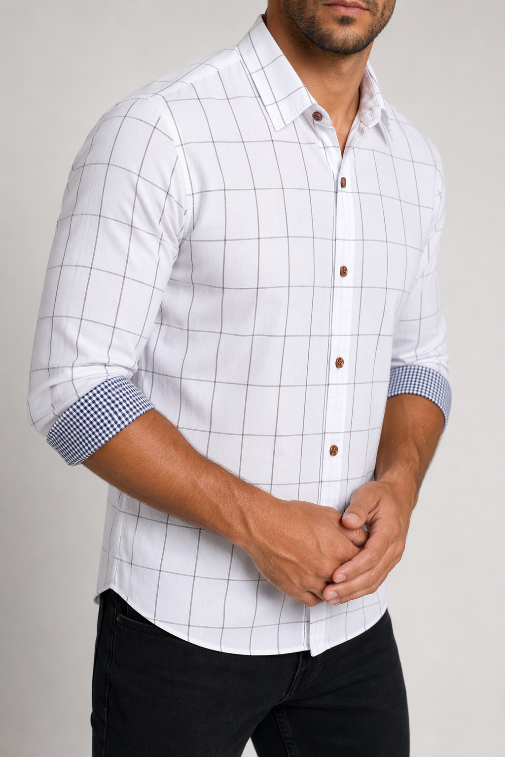 White Plaid Button Up Shirt for Men Default