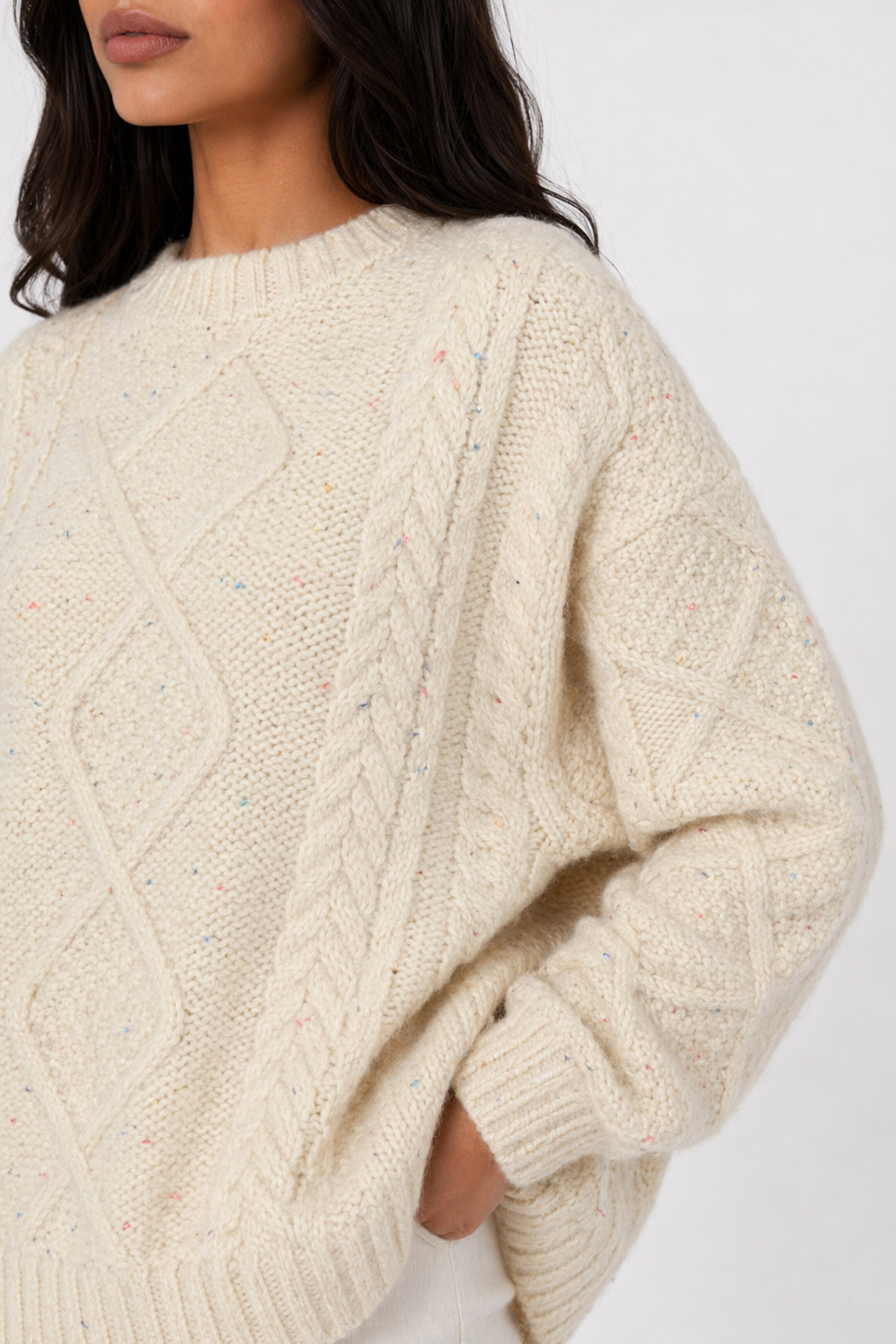 Cable Knit Batwing Sweater for Women Beige