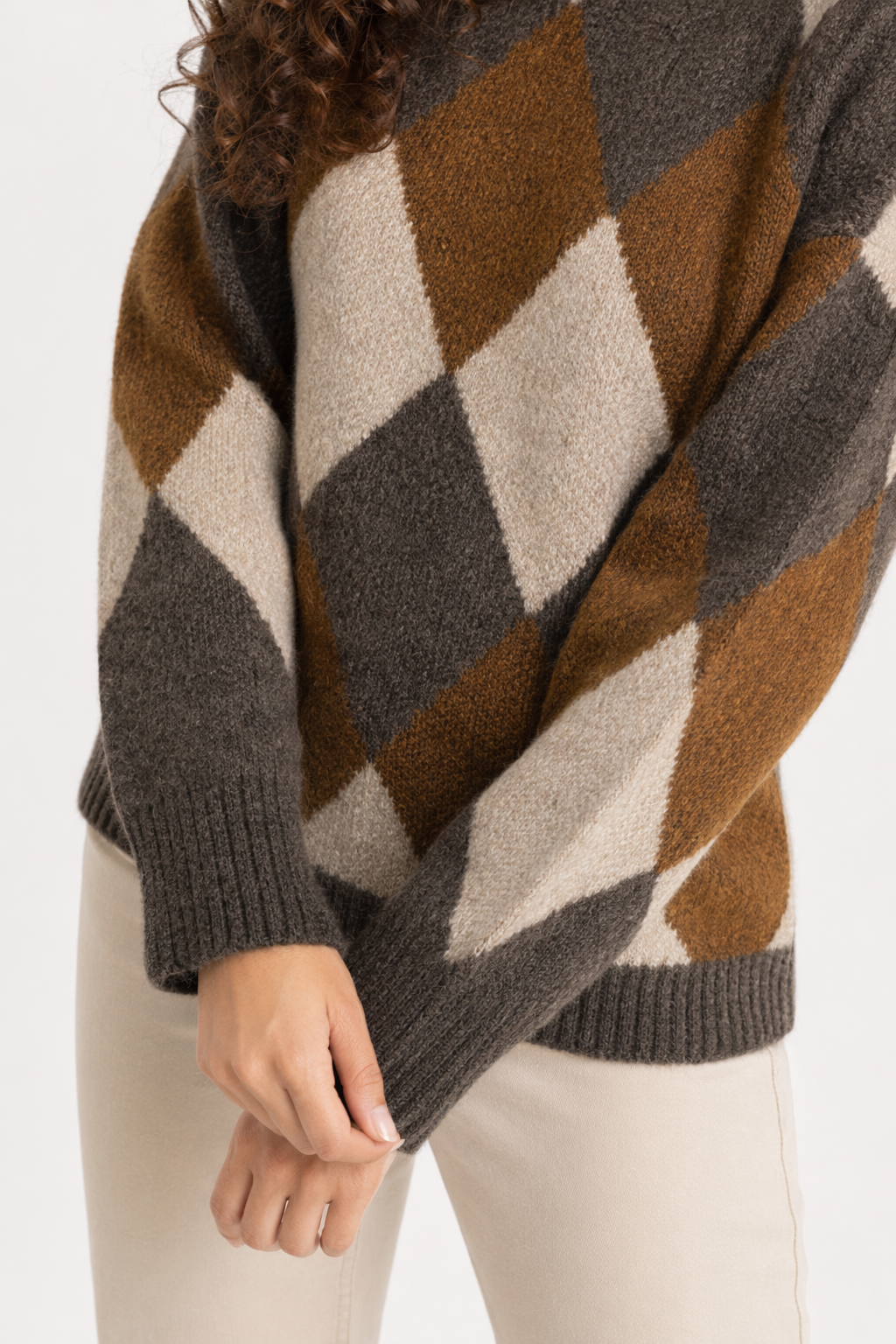 Turtleneck Sweater for Women with Argyle Design Brown