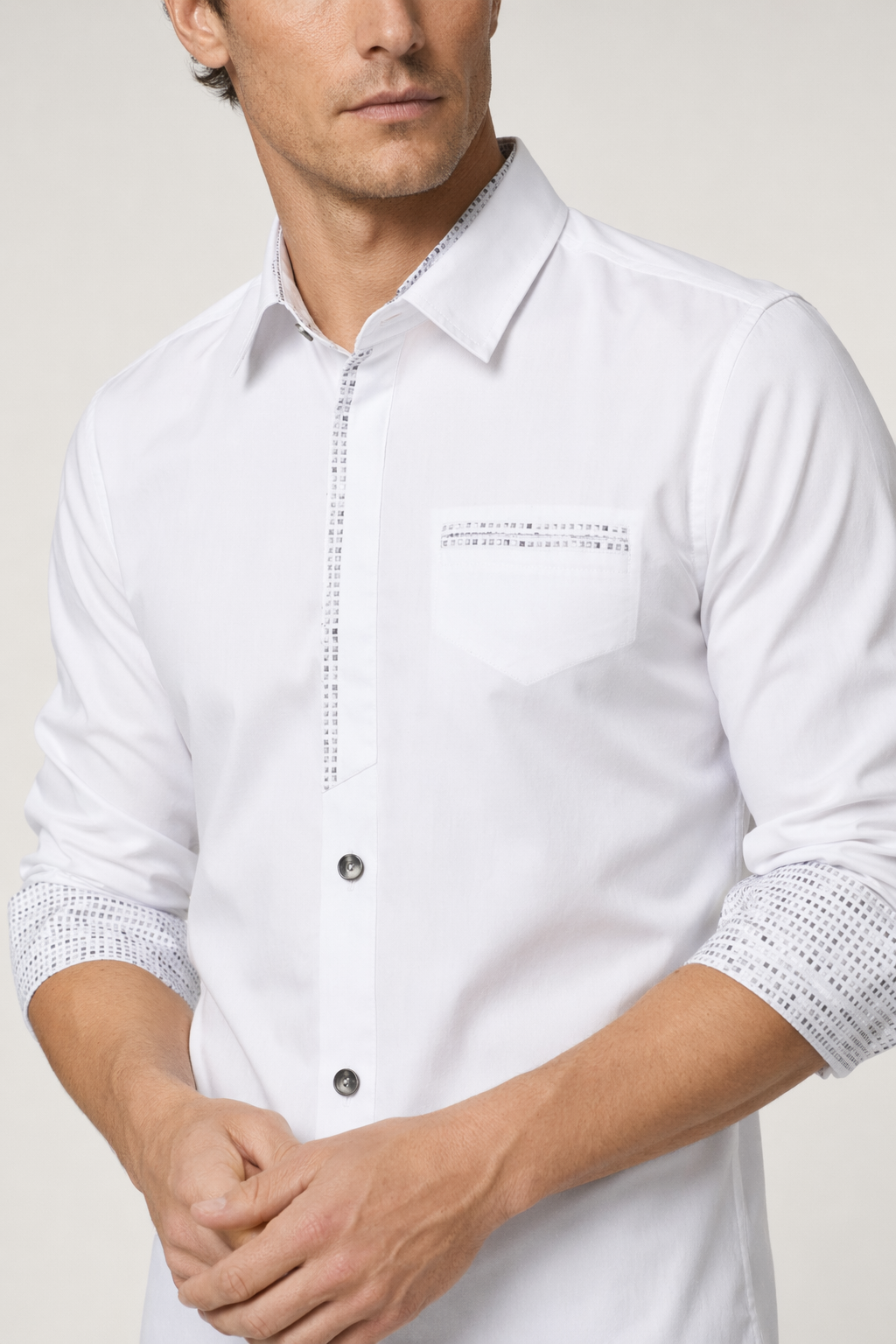 Men's Button-Up Shirt with Unique Pocket and Sleeve Accents White