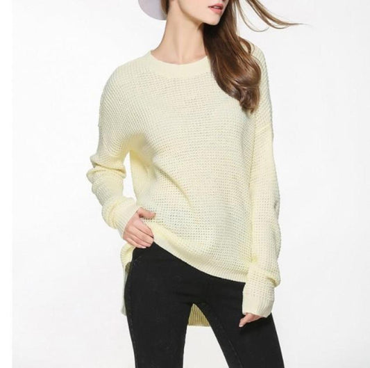 Relaxed Fit Sweater with Round Neckline for Women: pale cream, off-white sweater, minimal casual style