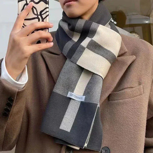 Soft and Cozy Men's Plaid Scarf: dark gray, light gray scarf, minimal classic style