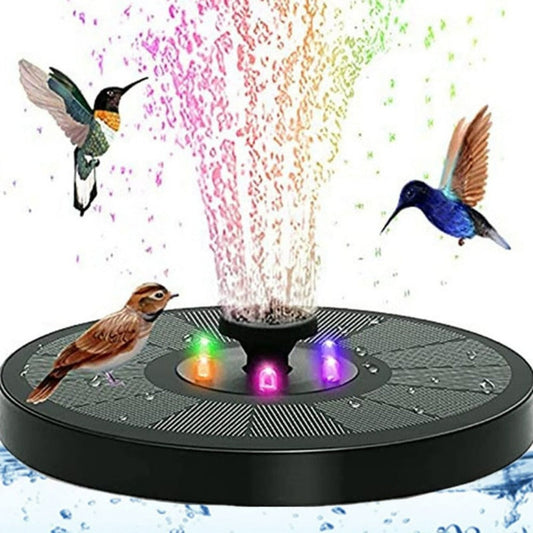 LED-Lit Solar Fountain for Your Garden: black, gray hummingbirds and a small bird illustration, product illustration/composit