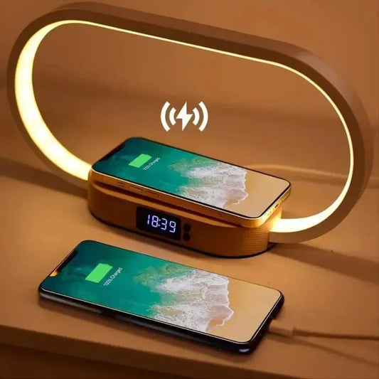 LED Lamp Station with Wireless Charging for Wooden Surfaces: gold, bronze wireless charging alarm clock/stand, modern minimal