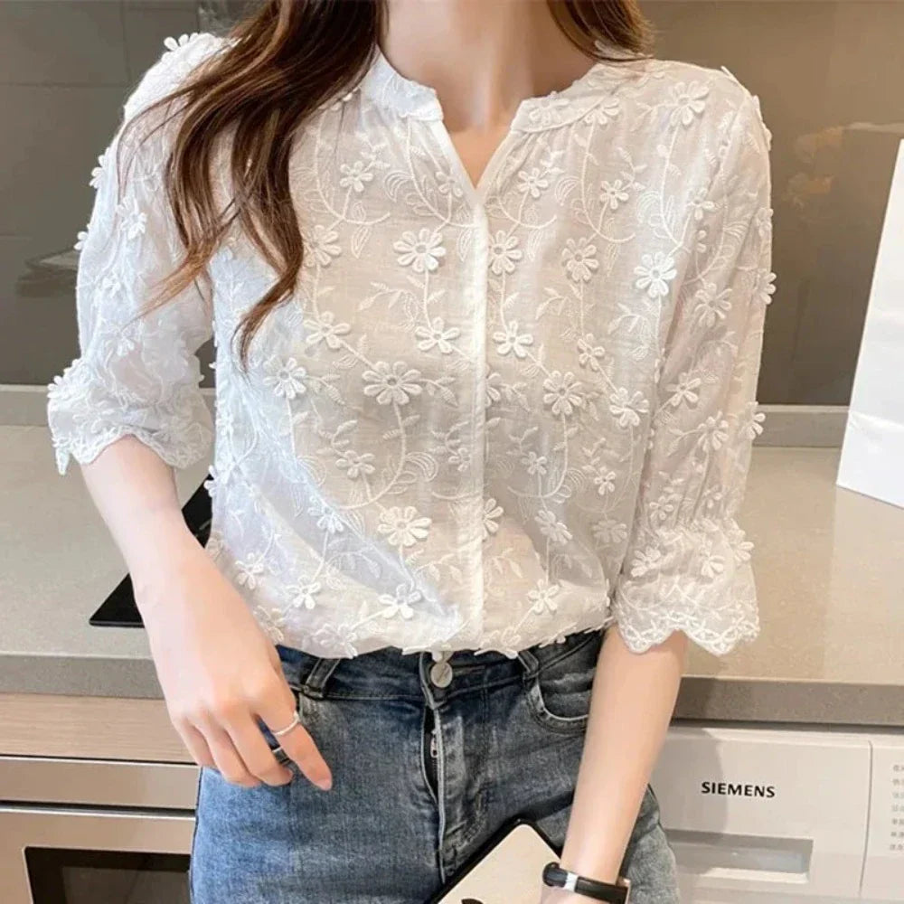 Summer Lace Blouse with Embroidered Floral Design for Women
