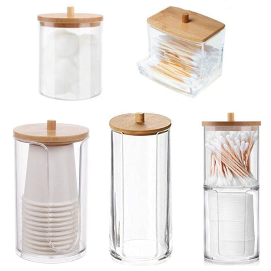Storage Jar for the Bathroom: clear, light brown clear bathroom/vanity storage containers with wooden lids, minimal style