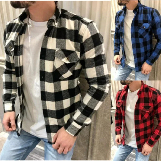 Long Sleeve Checkered Shirt with Dual Pockets for Men: black, white button-up plaid overshirt/shirt, casual style