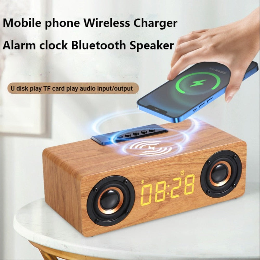 Retro-inspired Wooden Alarm Clock Radio with Wireless Charging and Bluetooth Speaker
