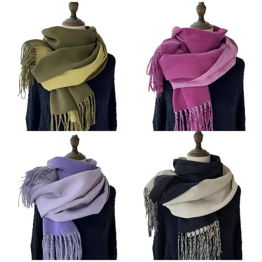 Soft and Cozy Two-Toned Wrap Scarf: olive green, pale yellow-green fringed scarves, minimal style