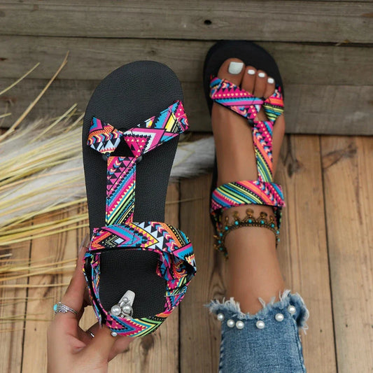 Colorful Flat Sandals for Women's Summer Wear: black, pink flip-flop sandals, bohemian, colorful geometric print style