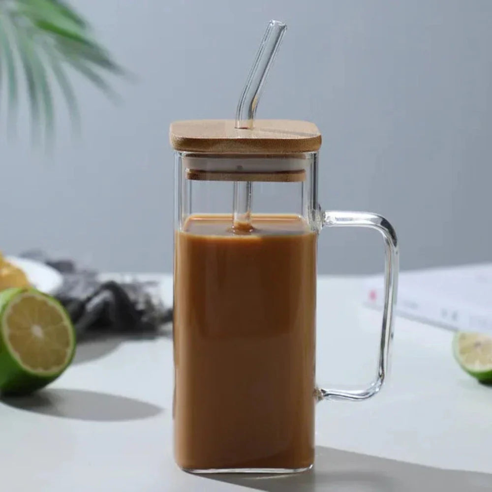Square Glass Tumbler with Leak-Proof Cover and Eco-Friendly Straw, 400ml Capacity