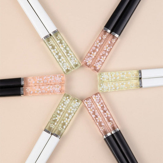 Cherry Blossom Chopstick Set, Japanese Inspired Gift Pack (4 pairs): clear, pink cosmetic tubes, minimal floral style
