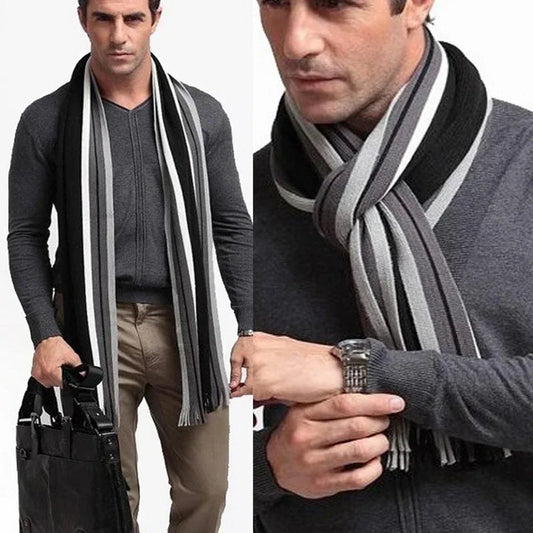 Cozy and Comfortable Patterned Scarf: black, gray striped scarf, minimal style