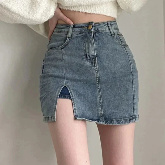 Denim Skirt for Women with Slim Fit and Hip-Hugging Design: blue-gray denim, dark blue denim mini skirt, casual style