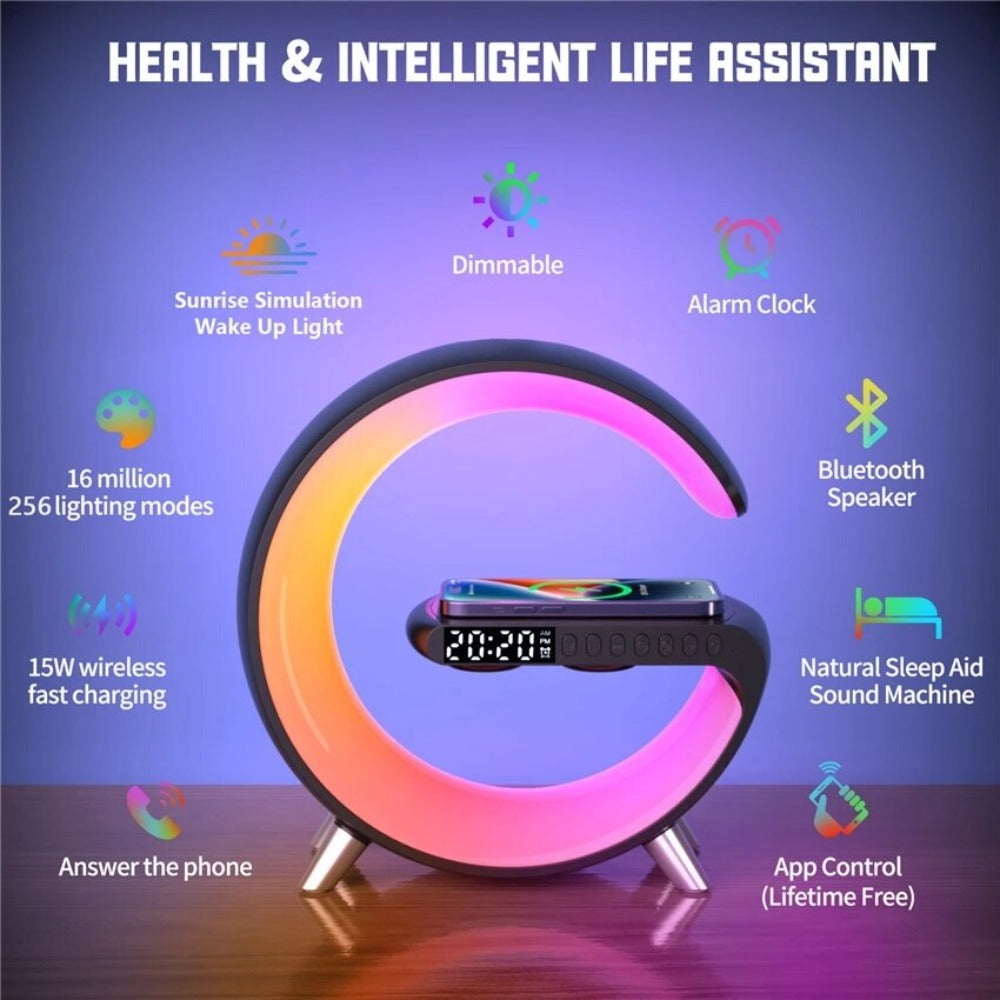Bluetooth Speaker Alarm Clock with Wireless Charging and RGB Lights