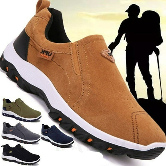 Casual Footwear for Men's Everyday Strolls: tan brown, black hiking/outdoor theme, casual outdoor sneaker style