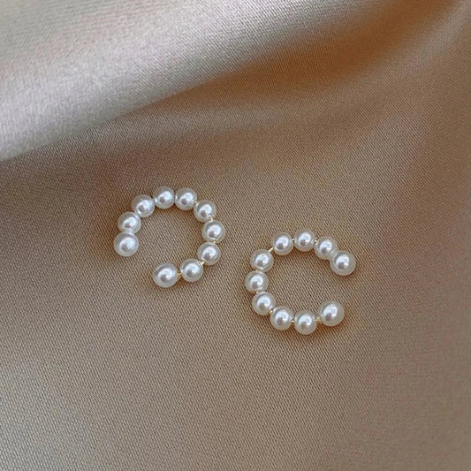 Beaded Cuff Earrings with Pearls: white, silver pair of beaded hoop earrings, minimal elegant style