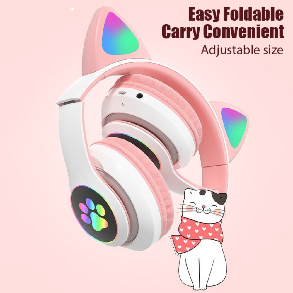 LED Feline Ear Wireless Headphones with Cartoon Design