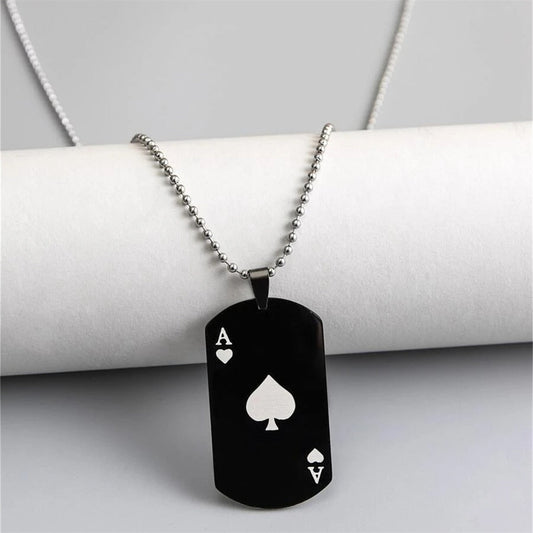 Spades Ace Necklace, Plated for Distinction: black, silver ace of spades playing-card theme, minimal graphic style