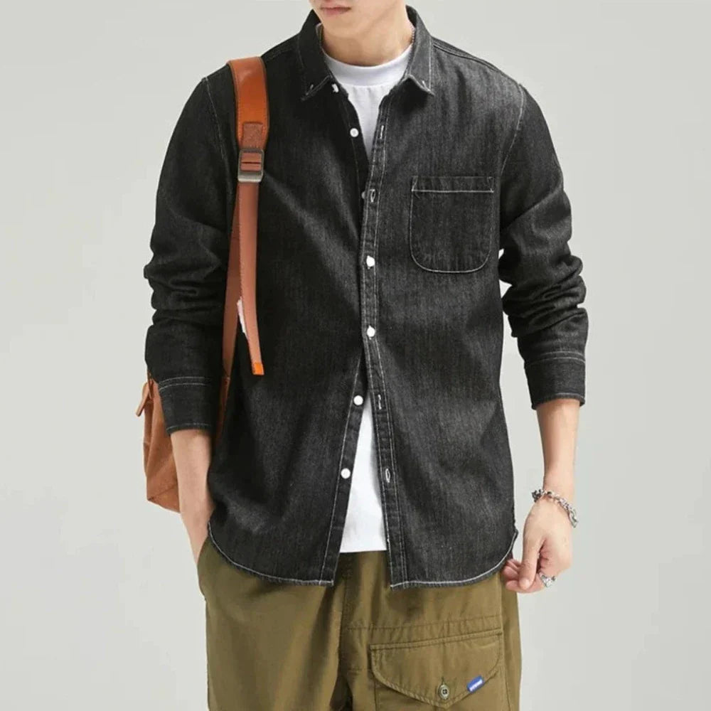 Long Sleeve Denim Shirt with Single Pocket for Men