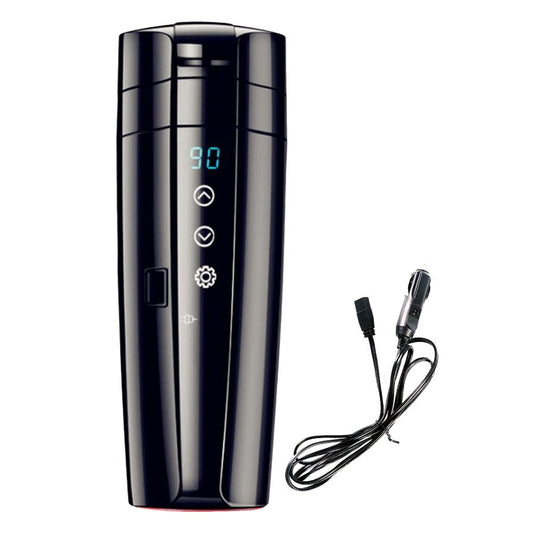 Smart Car Mug with Heating Functionality: black, dark gray electronic handheld device with charging cable, minimal modern sty
