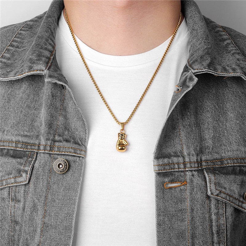 Boxing Glove Charm Necklace in Silver Finish