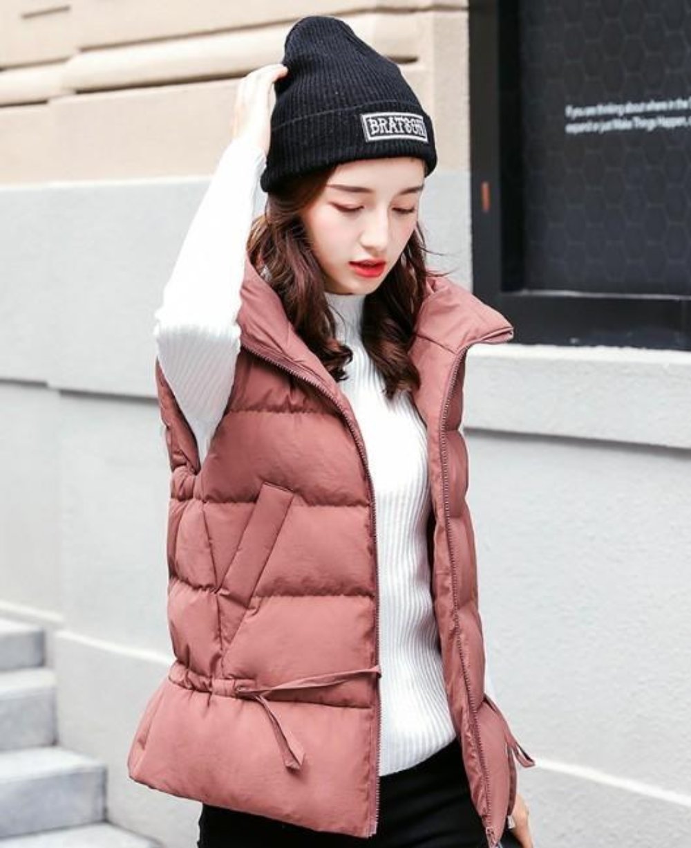 Pink Hooded Puffer Vest with Short Zip Closure for Women