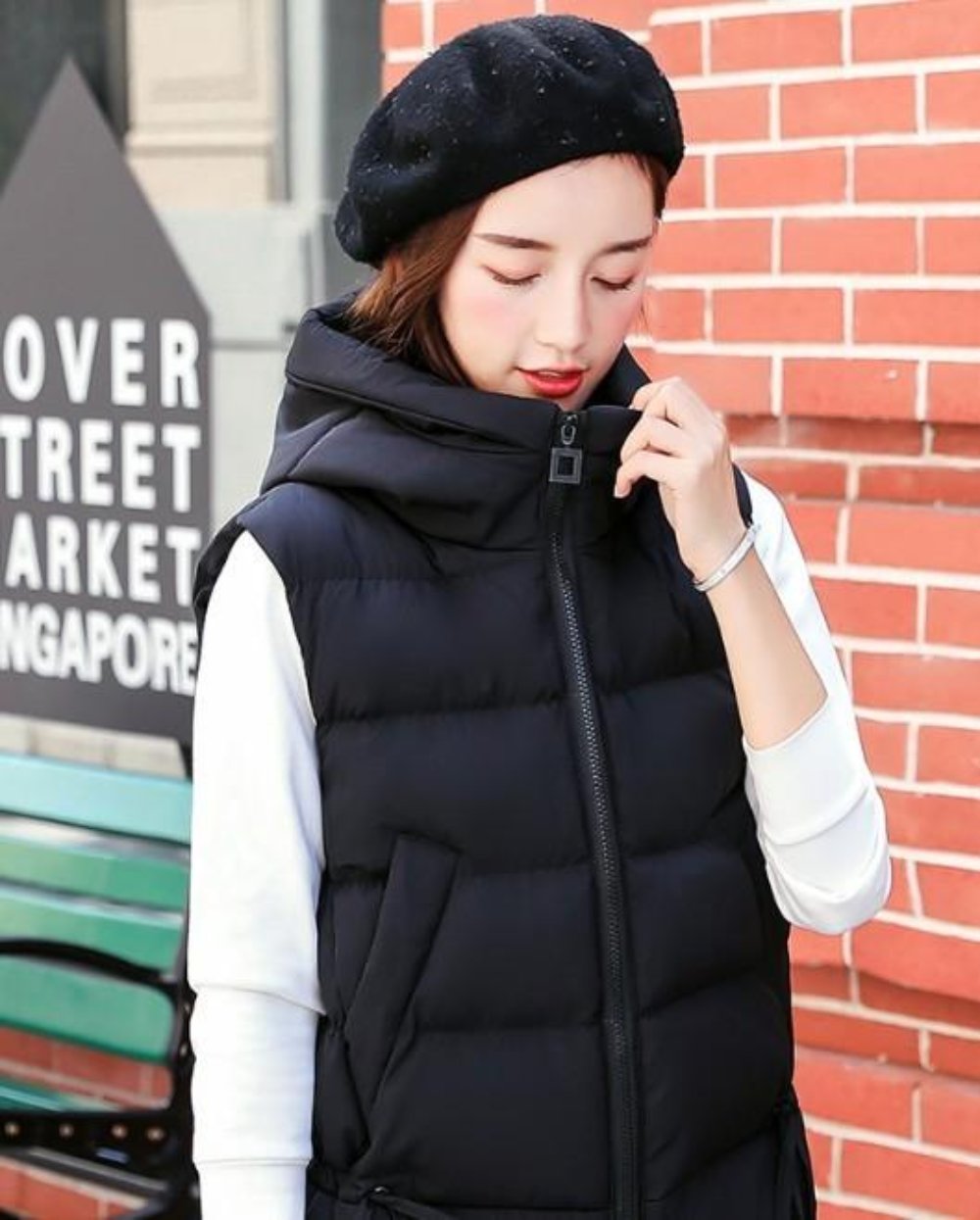 Black Women's Hooded Puffer Vest with Zipper Closure