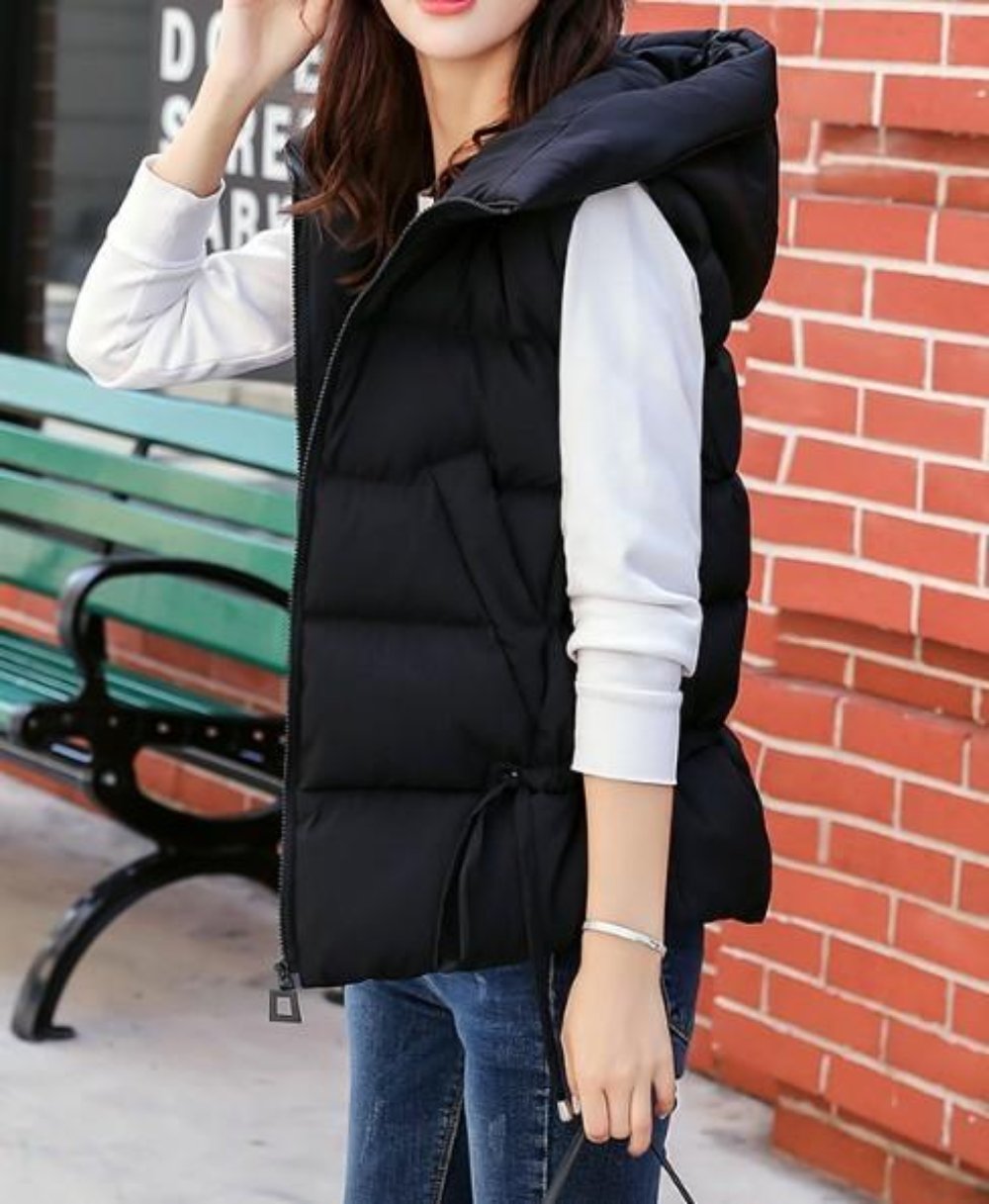 Black Women's Hooded Puffer Vest with Zipper Closure