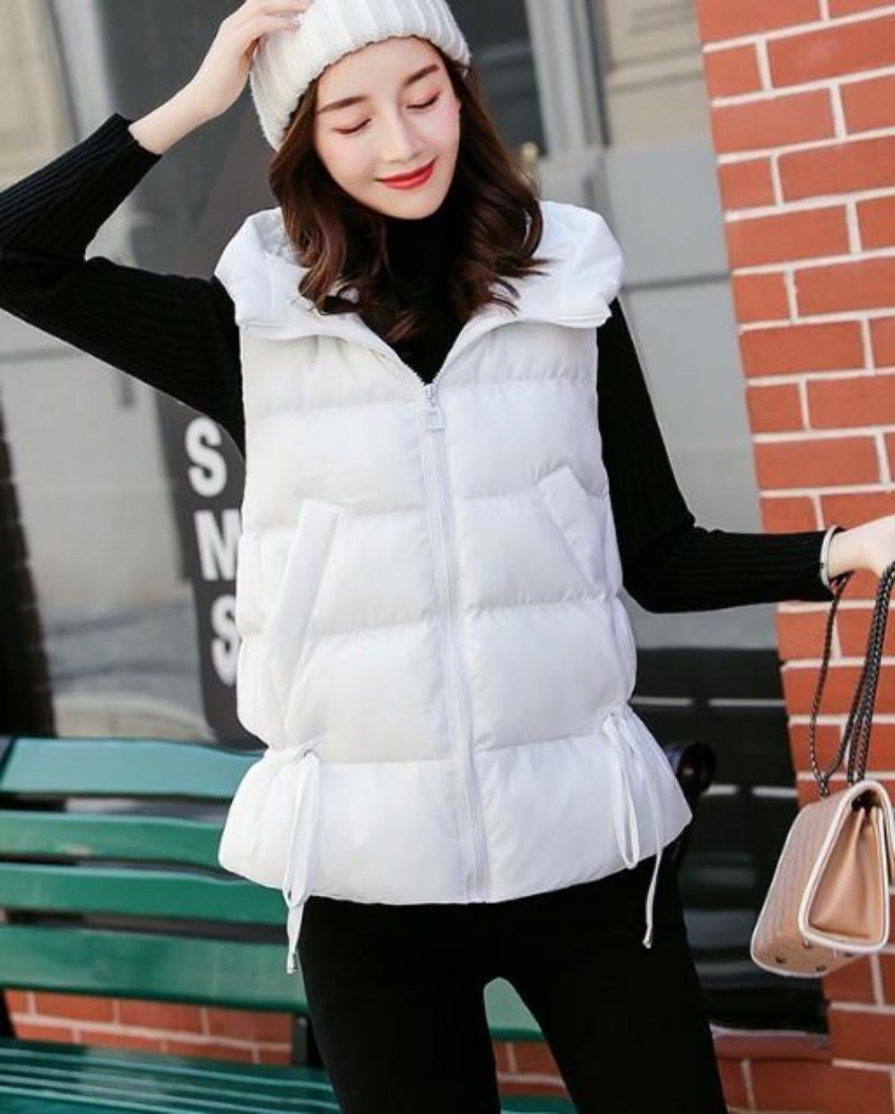 Black Women's Hooded Puffer Vest with Zipper Closure