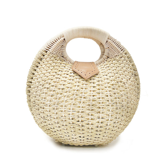 Round-Shaped Wicker Handbag with a Top Handle: natural beige, tan handbag, minimal boho style