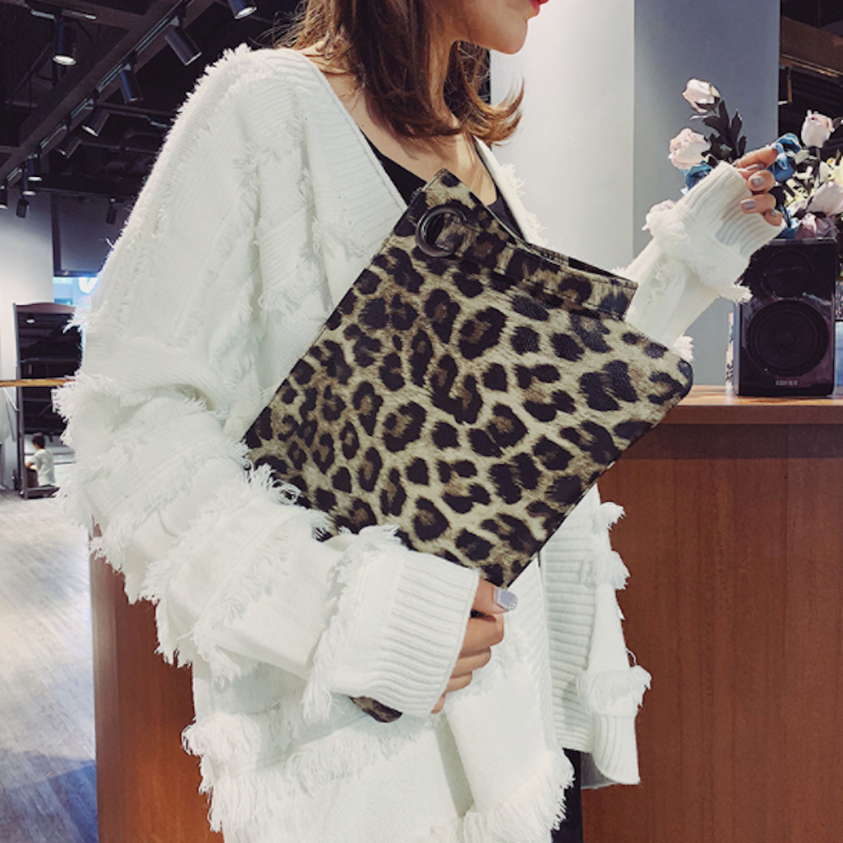 Leopard Pattern Faux Leather Women's Envelope Clutch