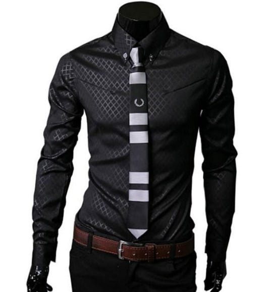 Patterned Button Front Slim Fit Men's Shirt: black, dark gray men's long-sleeve dress shirt with tie, formal modern style